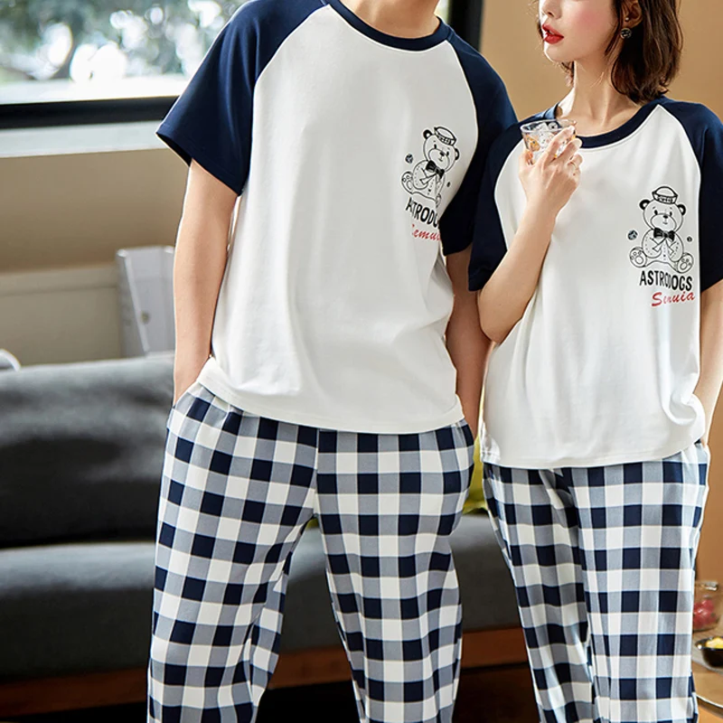 

Осенняя Пижама для пар для мужчин и женщин, хлопковая ночная рубашка с мультяшным принтом медведя, тонкие шорты с коротким рукавом для домаш...