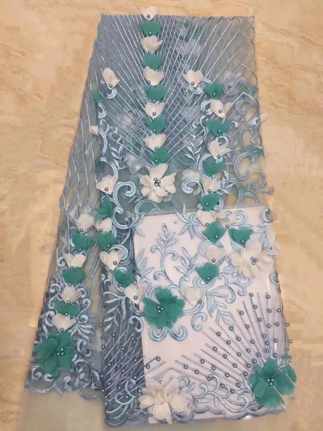 Французская 3D кружевная ткань с большими цветами африканская бисером