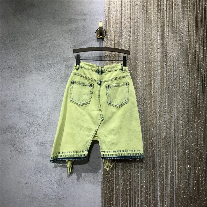 

2021 Summer Special Fafshion Personality European Ladies Mid-length Denim Skirt New High Waist Wash Ripped Women Jeans Skirt