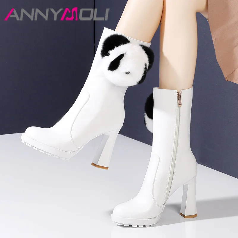 

ANNYMOLI Genuine Leather Platform Extreme High Heel Mid Calf Boots Women Shoes Zip Block Heels Fashion Boots Female White 33-40