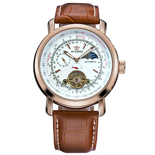 Rose white OUYAWEI, новинка, механические наручные часы, розовое золото, чехол Tourbillon, Moonphase, автоматическая обмотка, мужские часы, деловые часы, Montre Homme - Цвет: Rose white