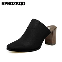Modern Square Toe 3 Inch Chunky Elegant Black Ladies High Heels Slipper Block Shoes 2021 Designer Size 4 34 Sandals Mules Pumps