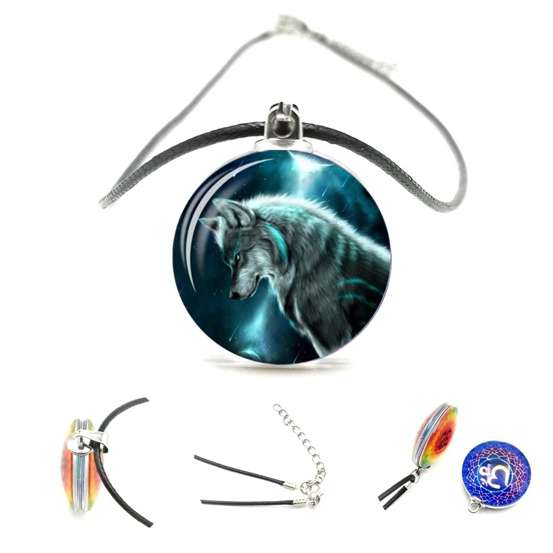 

2020 Charm Wolf Totem Double-sided Pendant Necklace 25mm Glass Cabochon Black Leather Cord Necklace Men and Women Jewelry Gifts