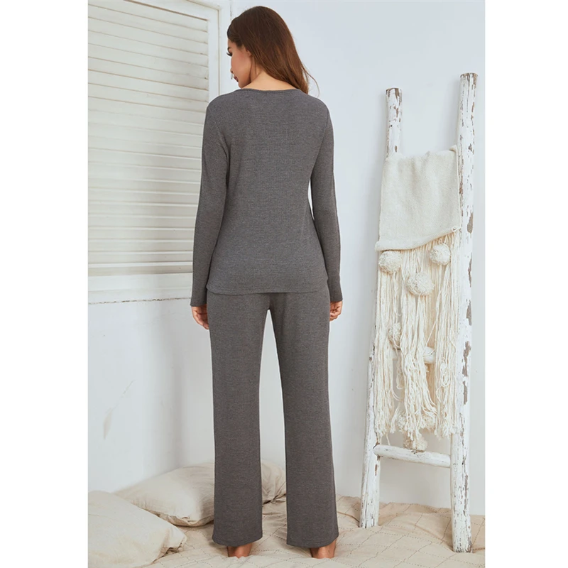 

Pajama Set for Women Long Sleeve Solid Color Homewear Tracksuit Casual Leisure V-neck Top Pants Two Piece Suit Nightwear Outdoor