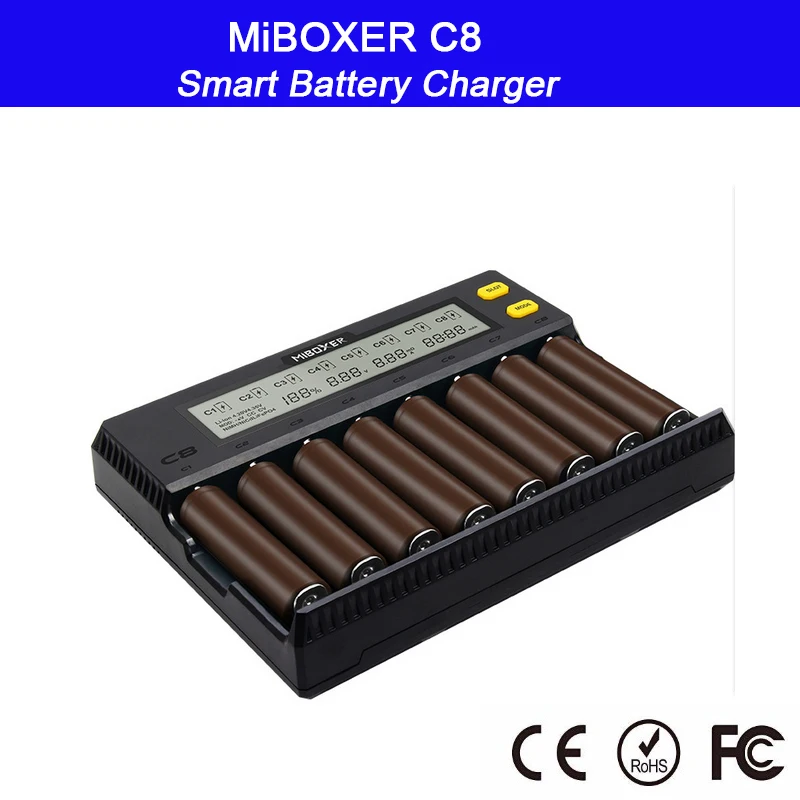 Интеллектуальное зарядное устройство MiBOXER C8 8 ячеек ЖК-дисплей для Li-ion LiFePO4 Ni-MH Ni-Cd