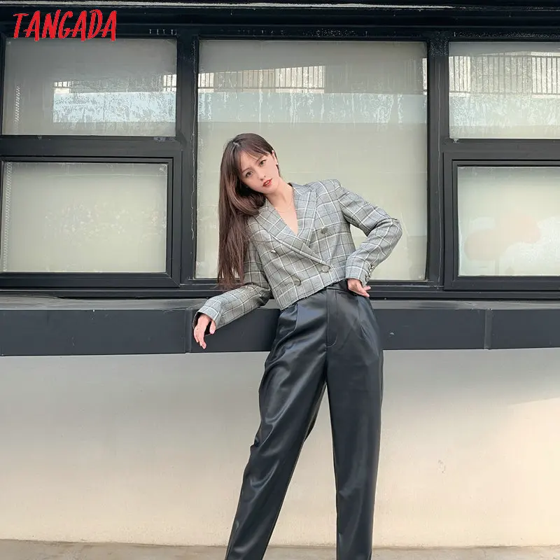 Tangada для женщин Высокая талия черный искусственная кожа harm брюки плиссированные женские стрейч талии винтажные брюки из искусственной кожи JE63