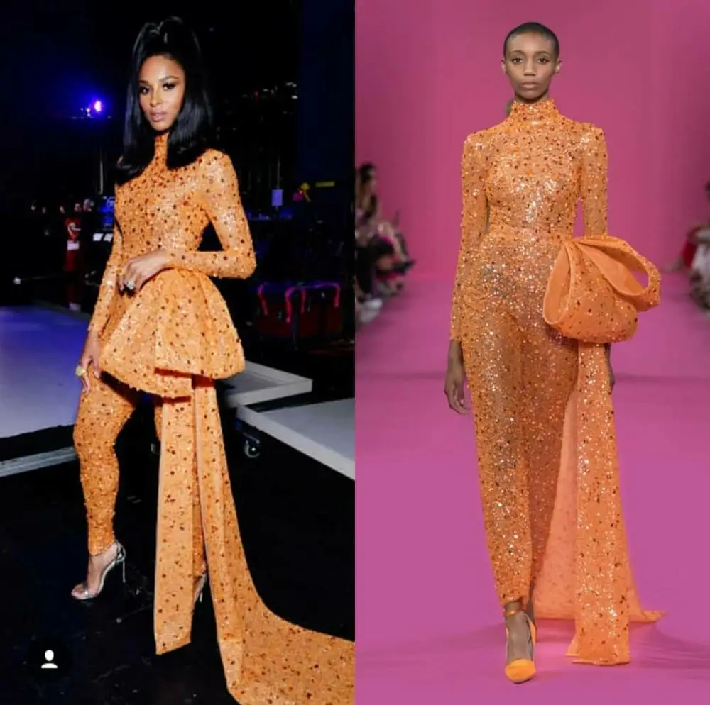 Fashion High Collar Jumpsuits Prom Dresses Long Sleeves Gold Sequined Crystal South African Girls Party Dress Evening Gowns