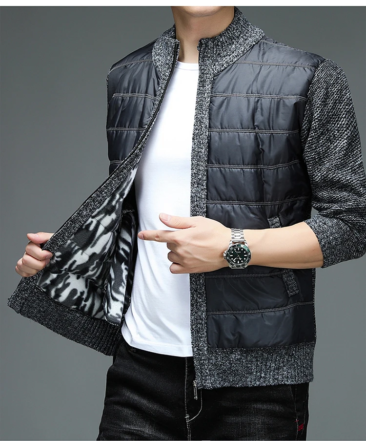 Men's Patchwork Sweater Autumn/winter Coat Fleece Thick Warm Cashmere Zipper Cardigan Baseball Stand Collar Pocket Knit Jacket