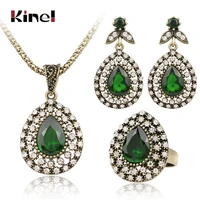 kinel 3pcs vintage jewelry sets for women antique gold pink crystal wedding party earrings necklace ring female turkish jewelry