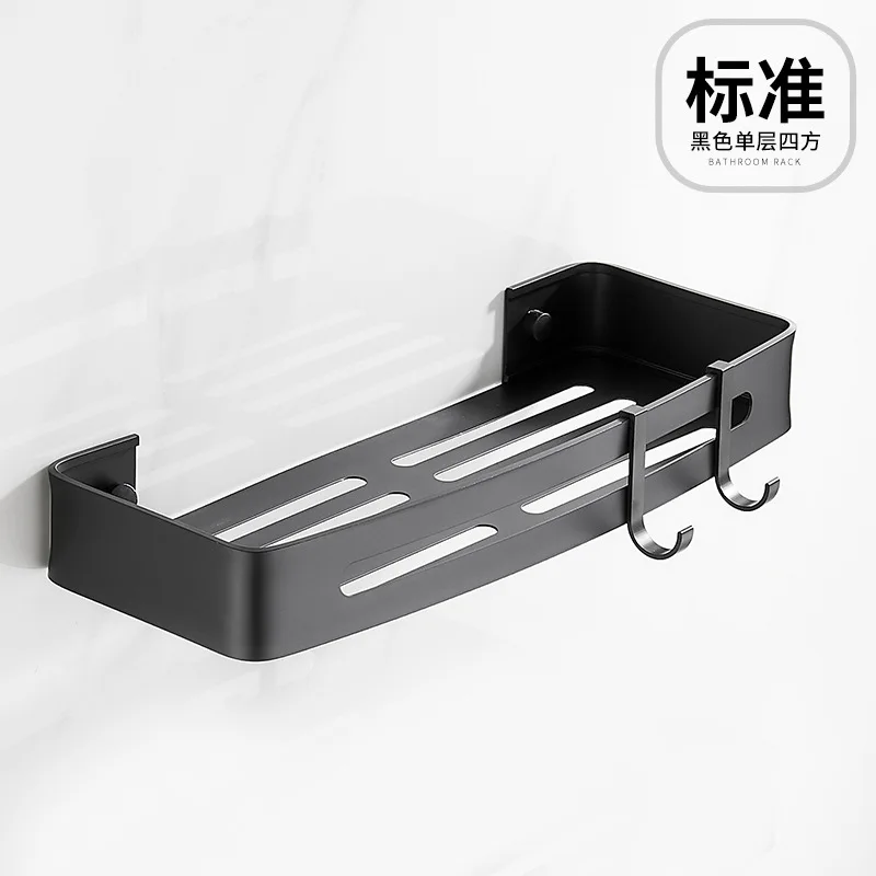

Aluminum thickened Bathroom Shelves black shelf kitchen bathroom storage space wall shower basket corner rack with 2 hooks