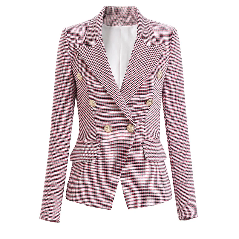 HarleyFashion 2021 New Arrival High Quality Women's Spring Jacket Houndstooth Pattern Double Breasted Buttons Blazer Female