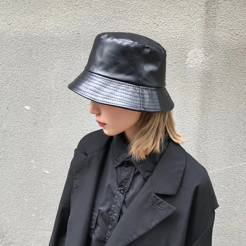 

Reversible Bucket Hat Women Men Designer PU Leather Fisherman Caps Korean Teenagers Sun Protection Streetwear PU Panama Bob Hats