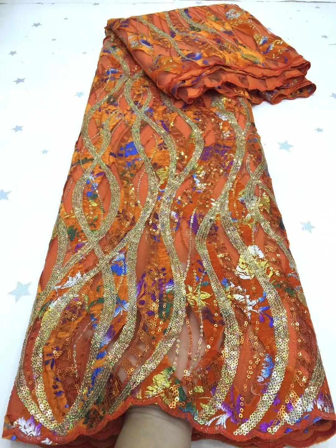 

African French Lace Fabric with Sequins High Quality African Tulle Lace Fabric with Sequins 5yards orange Lace Fabric