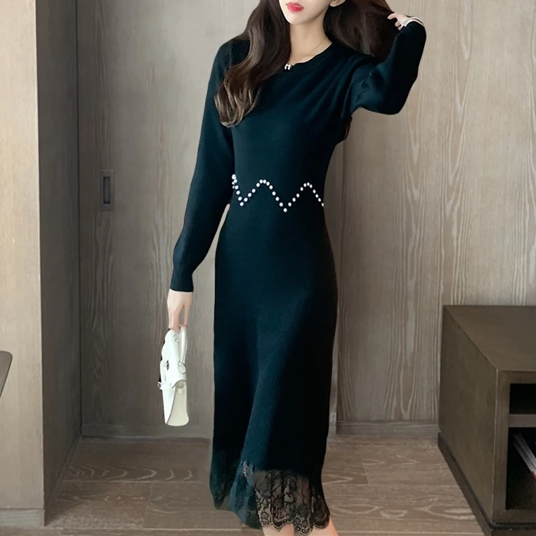 

Fashion women's dress 2021 spring new hedging lazy style outer wear lace stitching knitted dress hot sale