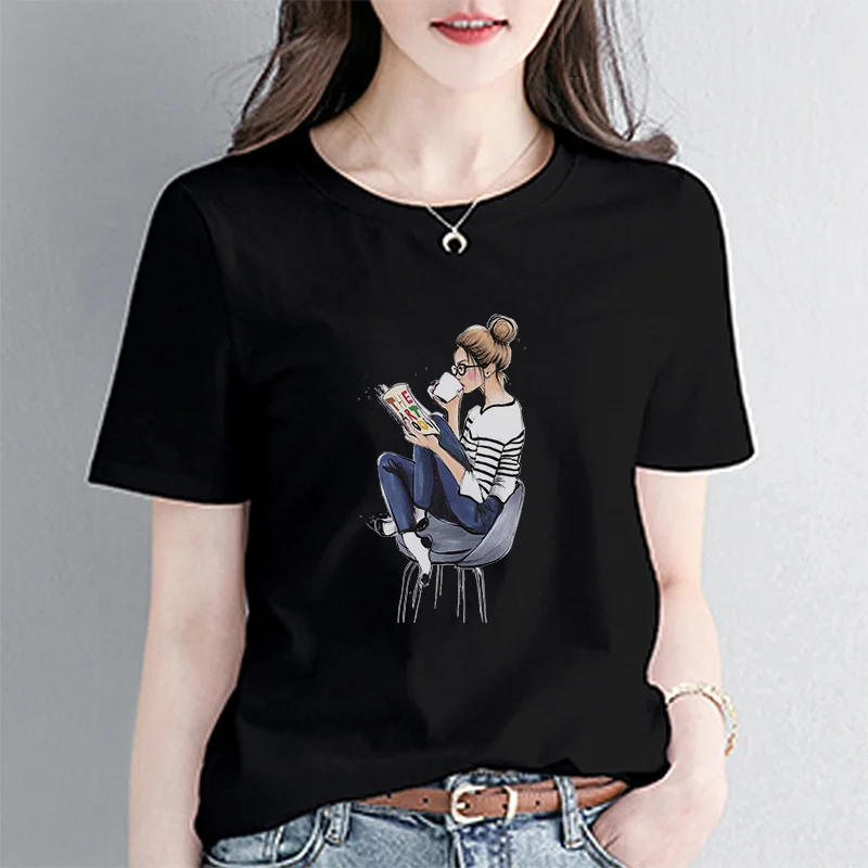 

White Women's Cotton T-shirt O-neck Short Sleeve Girls Printed Female Casual Top 2021 Summer Ladies T-shirts Bottoming Hot Sale