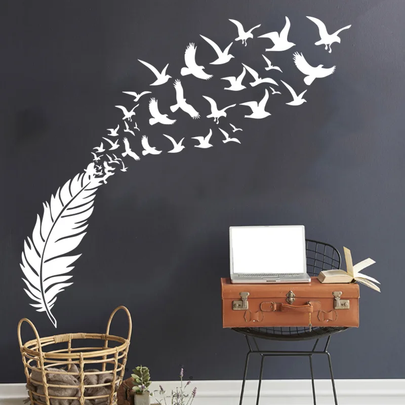 

Flying Birds Feather Wall Stickers Home Decor Living Room Adesivo De Parede Home Decoration Wallpaper White Black Wall Sticker