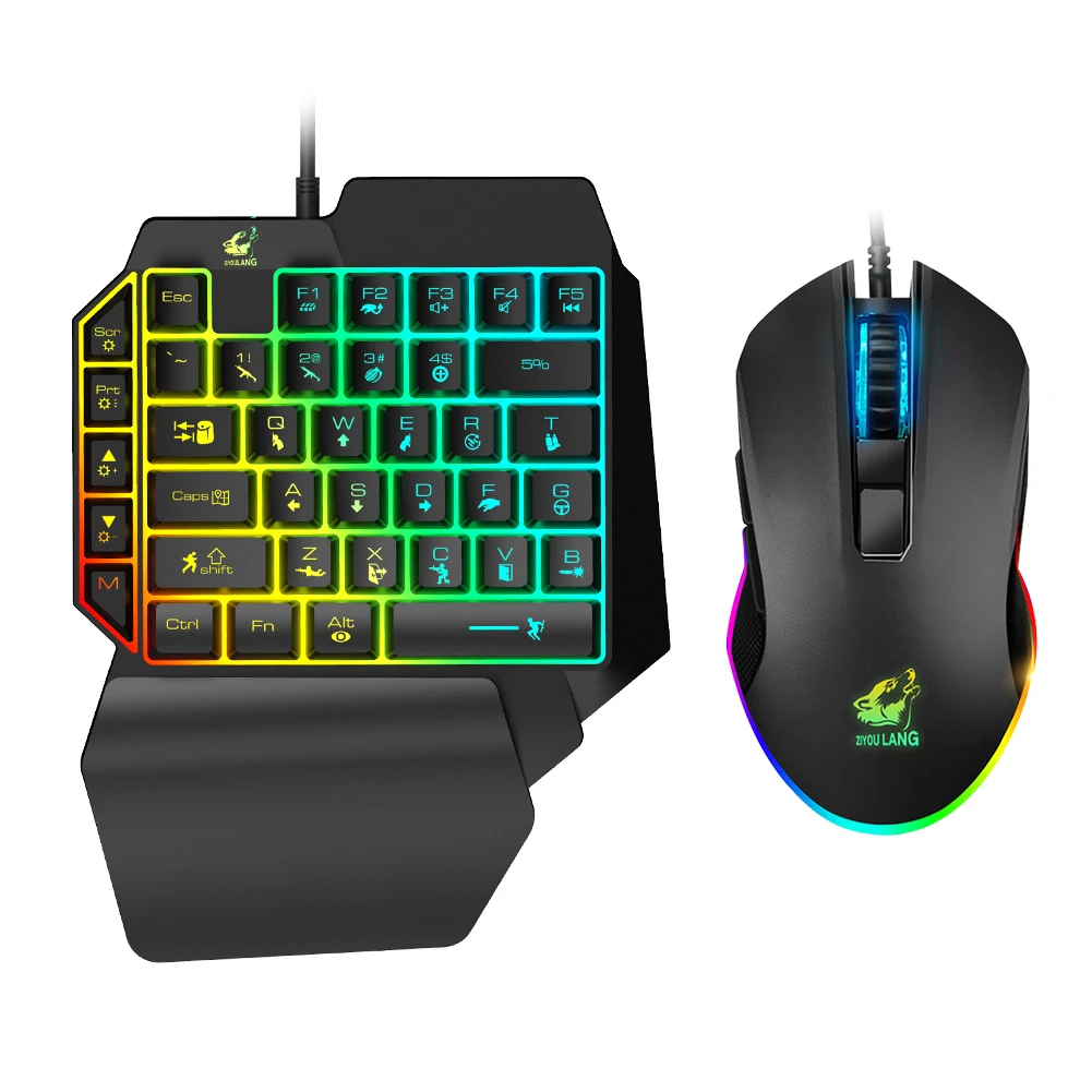 Mechanical Feel T1 Wired One Handed Mini Gaming Keyboard Mouse Combo Set Ergonomic Design for PUBG PC Gamer Laptop