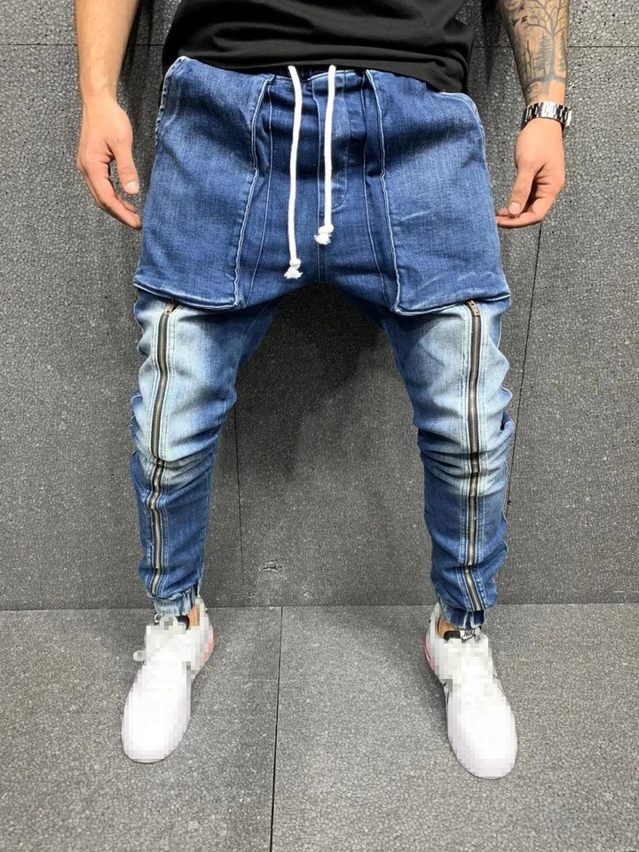 Men Gray Skinny Jeans Fashion Slim Drawstring Mid Waist Hip Hop Jeans Man Causal Big Pocket Sport Denim Pencil Pants Streetwear
