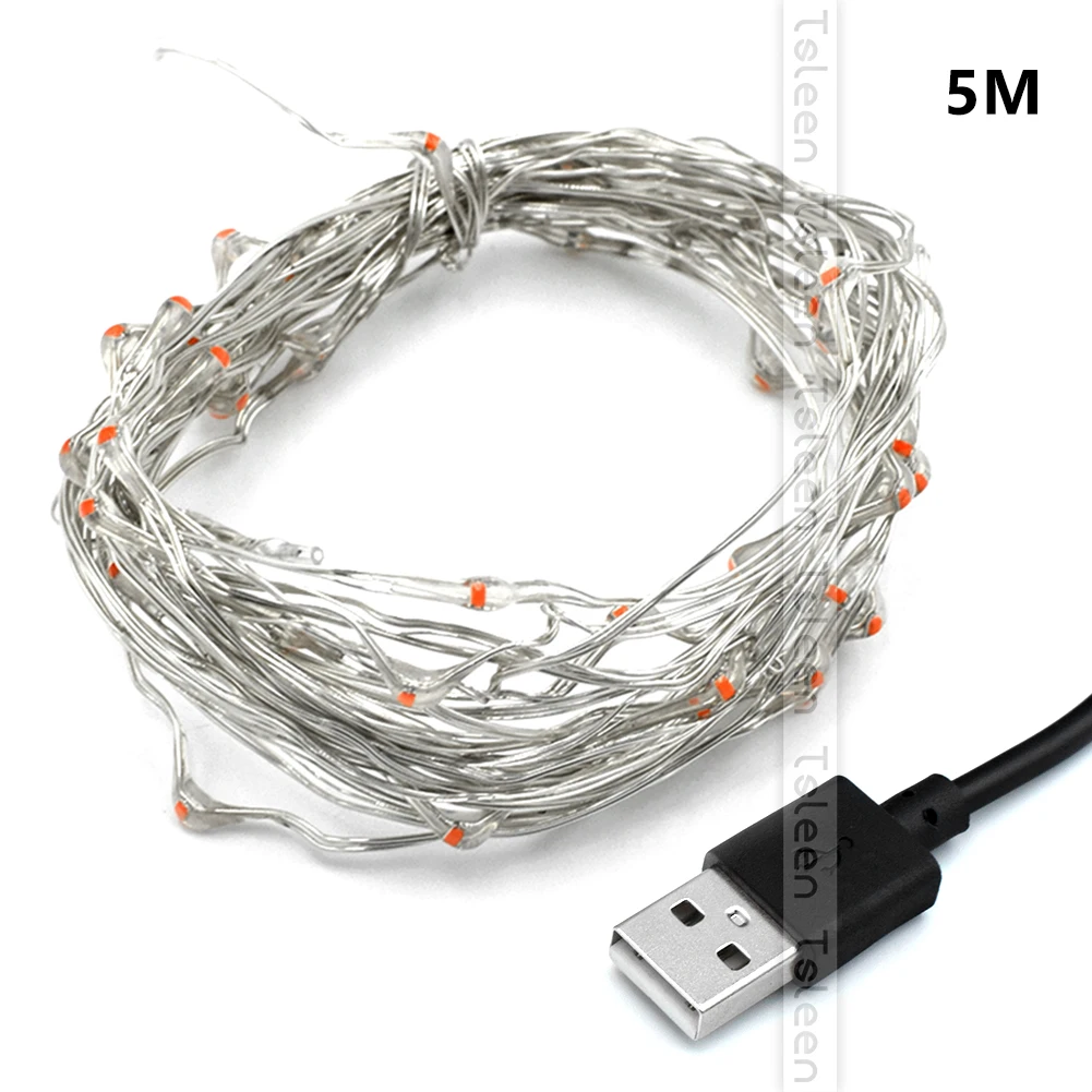 5 м 10 м серебристый провод USB светодиодный струнный светильник водонепроницаемый праздничное освещение ночного света для сказочных рождественских свадебных вечеринок украшения