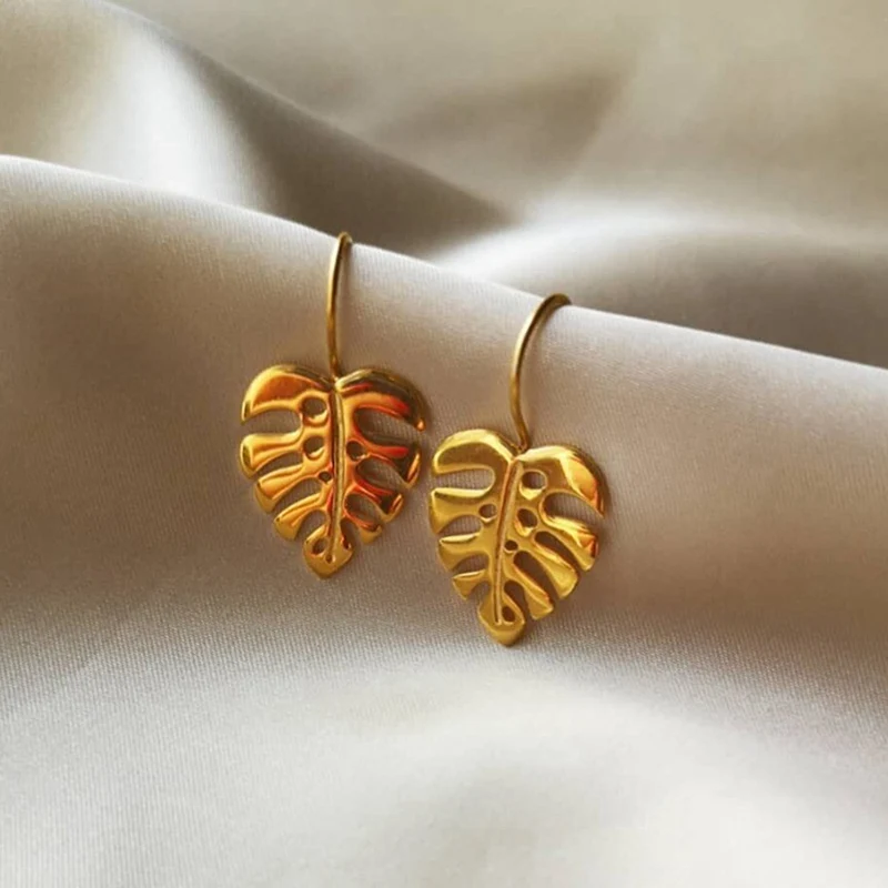 

Creative Handmade Design Fine Jewelry Gold Colour Monstera Leaves Drop Earrings For Women Bijoux Ear Hoop