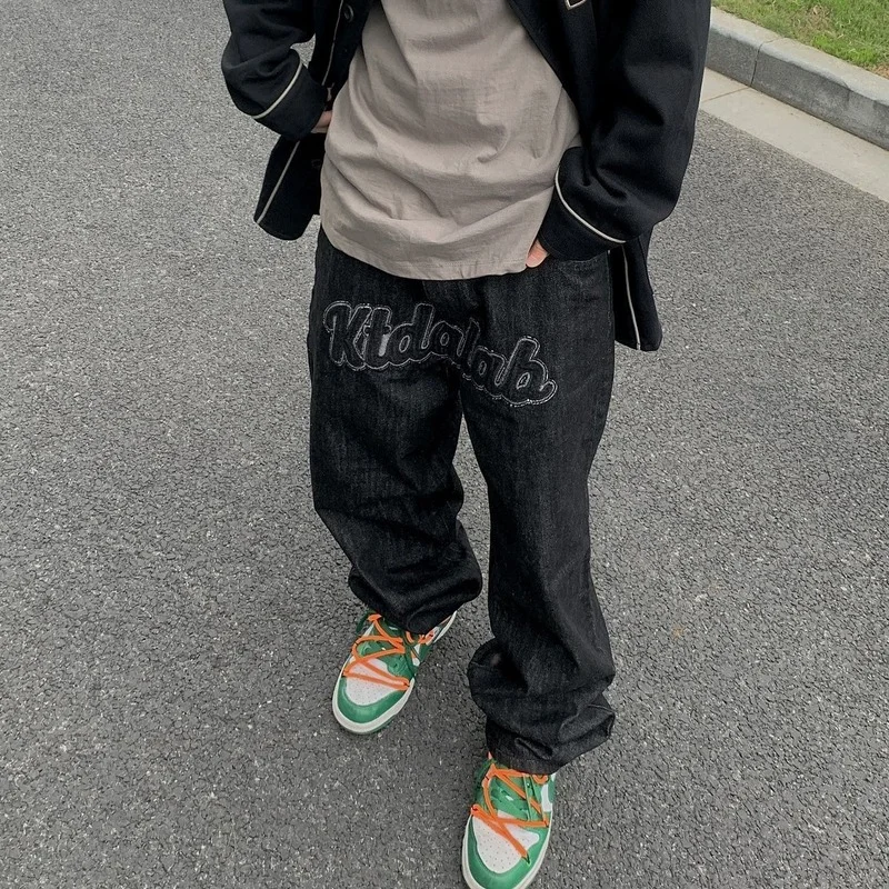 High Street Black Embroidered Jeans Coarse Twill Flip Bottom English Men's Straight Tube Casual Loose Retro Wide Leg Long Pants