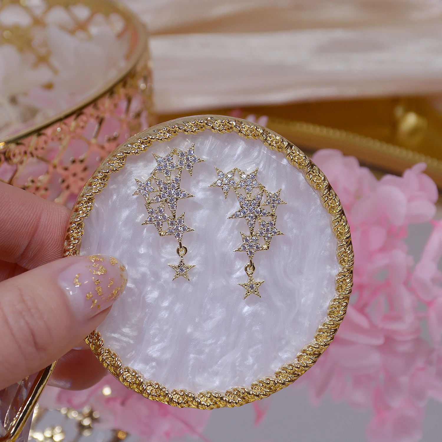 

Luxury cubic zircon CZ star stud earrings for women Japanese&Korea new style 14K real gold plated earrings