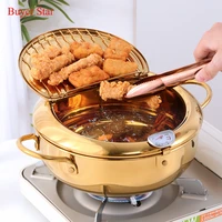 stainless steel frying pot with a thermometer and a lid japanese deep tempura fryer pan convenient skillet safe kitchen tools