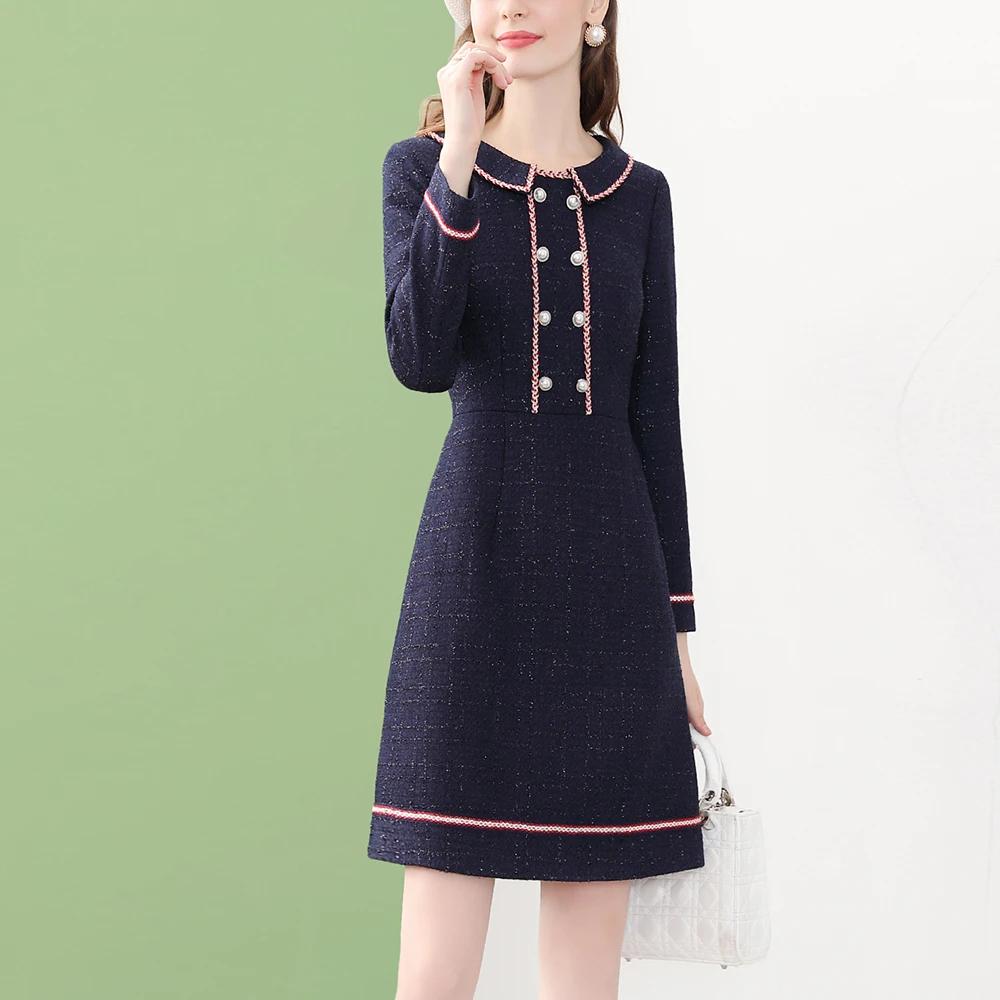 

Itoolin Deep Blue Tweed Winter Short Midi Dress For Woman Peter Pan Collar Vintage Elegant Slim Office Lady Inside Vestidos