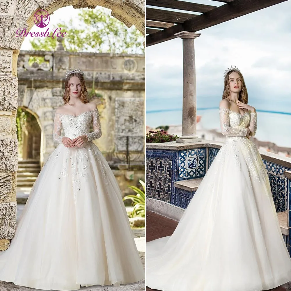 2020 New Arrival Ivory Wedding Dress Off The Shoulder Long Sleeve Bridal Gown Lace Embroidery Beaded Dresses Plus Size | Свадьбы и