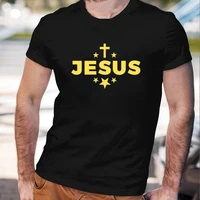 jesus letter christian cross star mens cotton t shirt fashion casual short sleeve black white tops loose gold printing tee