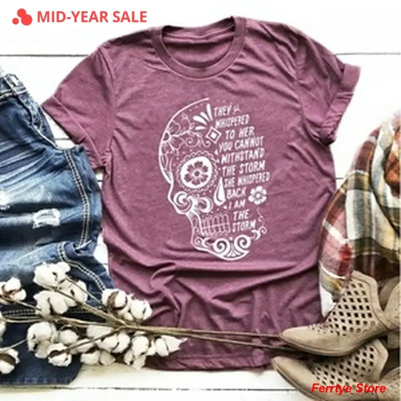 

Plus Size S-5XL Skull Print T-shirt New Women's Fashion Casual Wild Short-sleeved Girl Top Funny T Shirts O-Neck Short Top