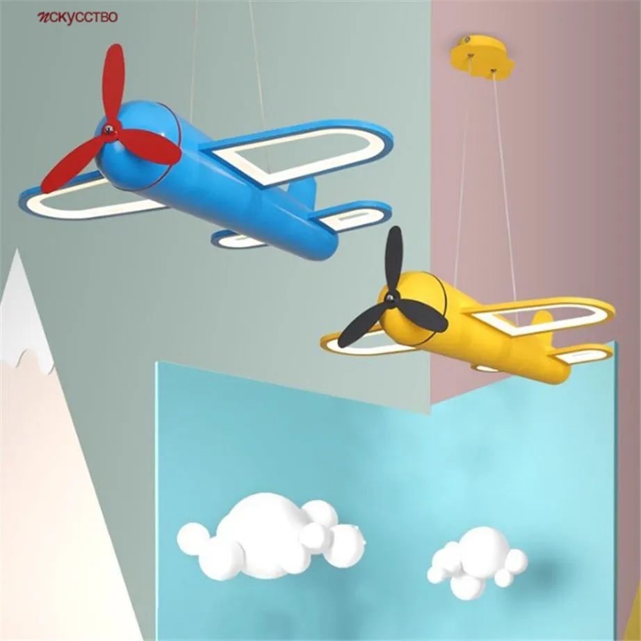 

Creative Children Bedroom Blue Yellow Airplane Iron Led Pendant Lights Modern Kids Indoor Decoration Acrylic Hanging Lamp Luster