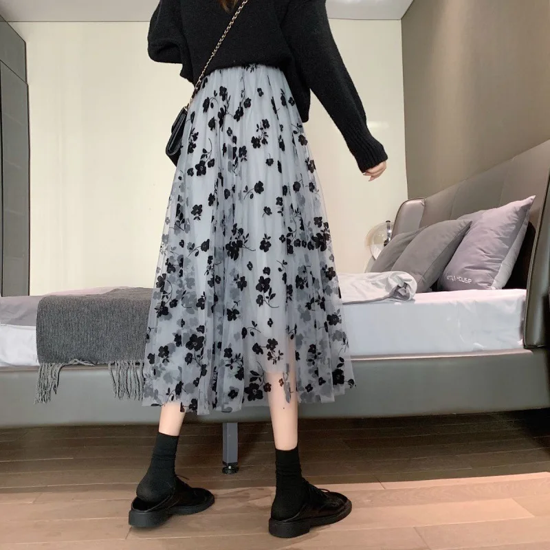 Длинная юбка из тюля Женская винтажная Юбка-миди с вышивкой бабочки эластичная