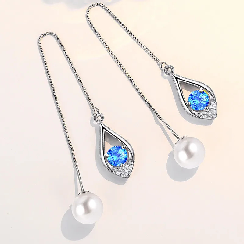 

925 Sterling Silver New Woman Fashion Jewelry Earline High Quality Blue Pink Crystal Zircon Pearl Long Tassel Earrings