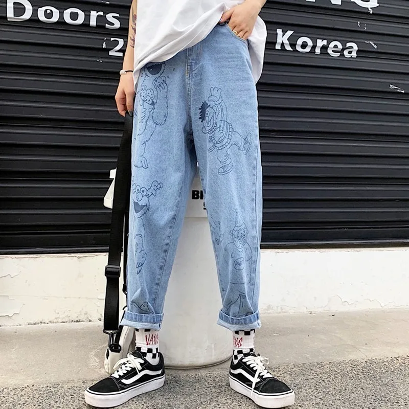 

2021 Europe and the United States retro interesting cartoon print jeans cotton loose high waist cute cartoon ladies jeans