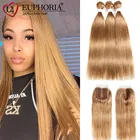 Прямые пряди волос с закрытием 4x4 блонд 27 красный Бург бразильские Remy человеческие волосы 34 шт пряди с кружевной застежкой Euphoria