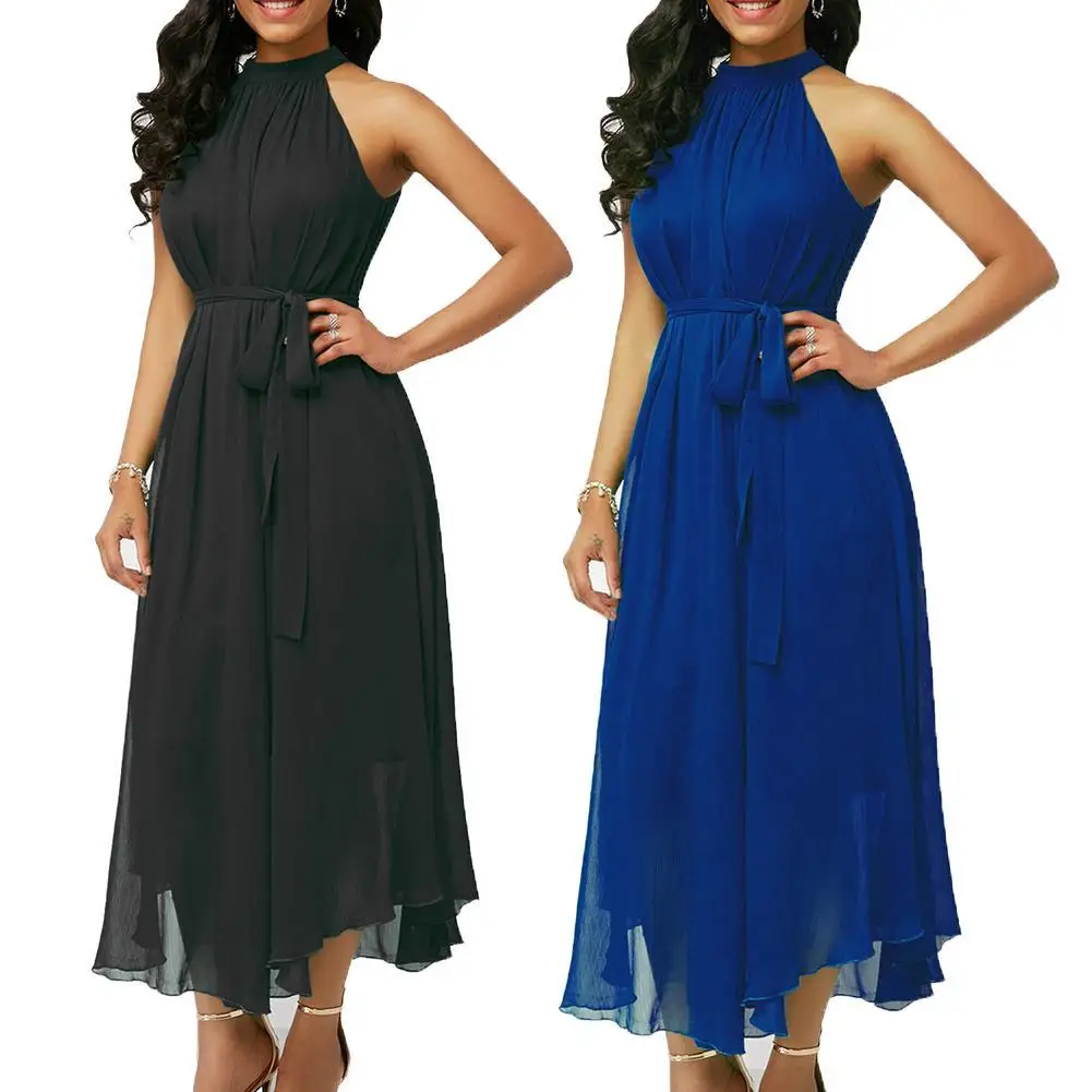 

50% HOT SALES 2021 Plus Size Women Summer Solid Color Pleated Chiffon Sleeveless Belted Maxi Dress