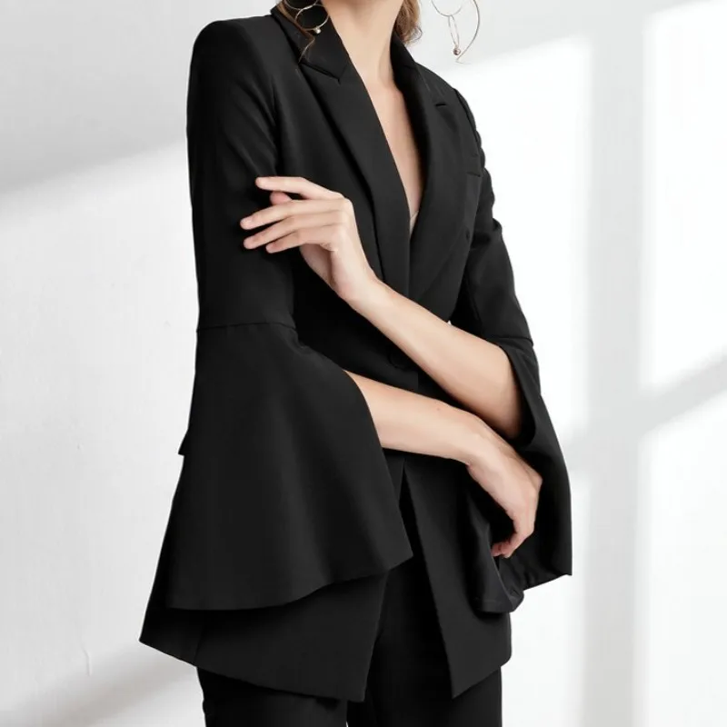 

Elegant Split Bell sleeve Red Pink Black White Blazer Jacket Button High Waist Flare Suit Pants Fashion Office Ladies Suits Sets