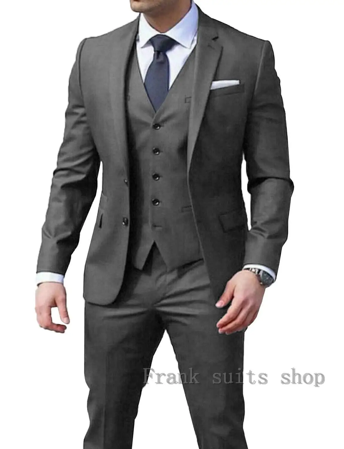

Мужской костюм из трех предметов, Серый блейзер с пиковым отворотом, мужские свадебные костюмы для выпускного, смокинг для жениха, повседневная куртка и брюки, жилет, 2019