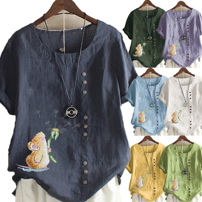 

Women's New Fashion Summer Cartoon Printed Round Neck Short Sleeve T-shirt Casual Loose Solid Color Blouse Tops Plus Size
