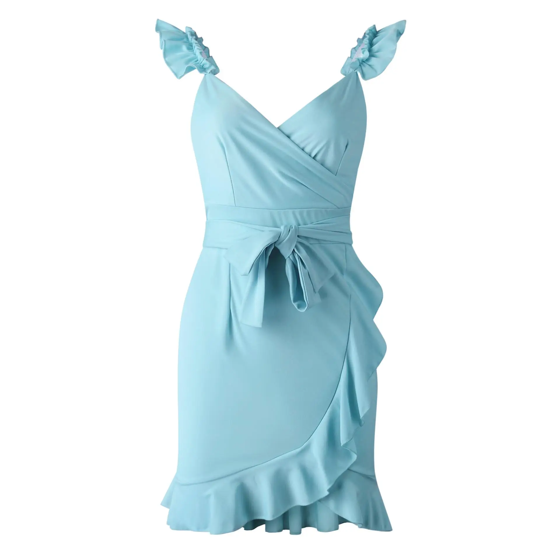 

Sexy Sheath Dress Women Deep V -Neck Overlay Low Cut Sleeveless Bow Ruffled Party Elegant Ladies Vestidos Graceful Girls Outfits