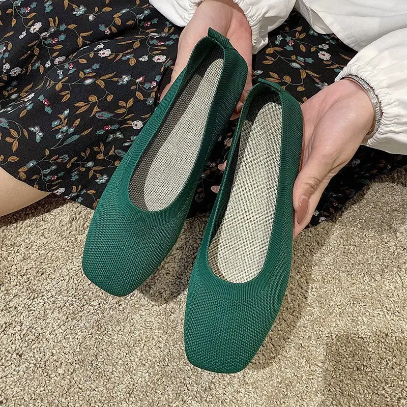 

2021Stretch Knit Fabric Shoes Spring New WomenFlat Heel Anti Skid Ballet Flats Shoes Slip On Breathable LoaferFemale Soft bottom