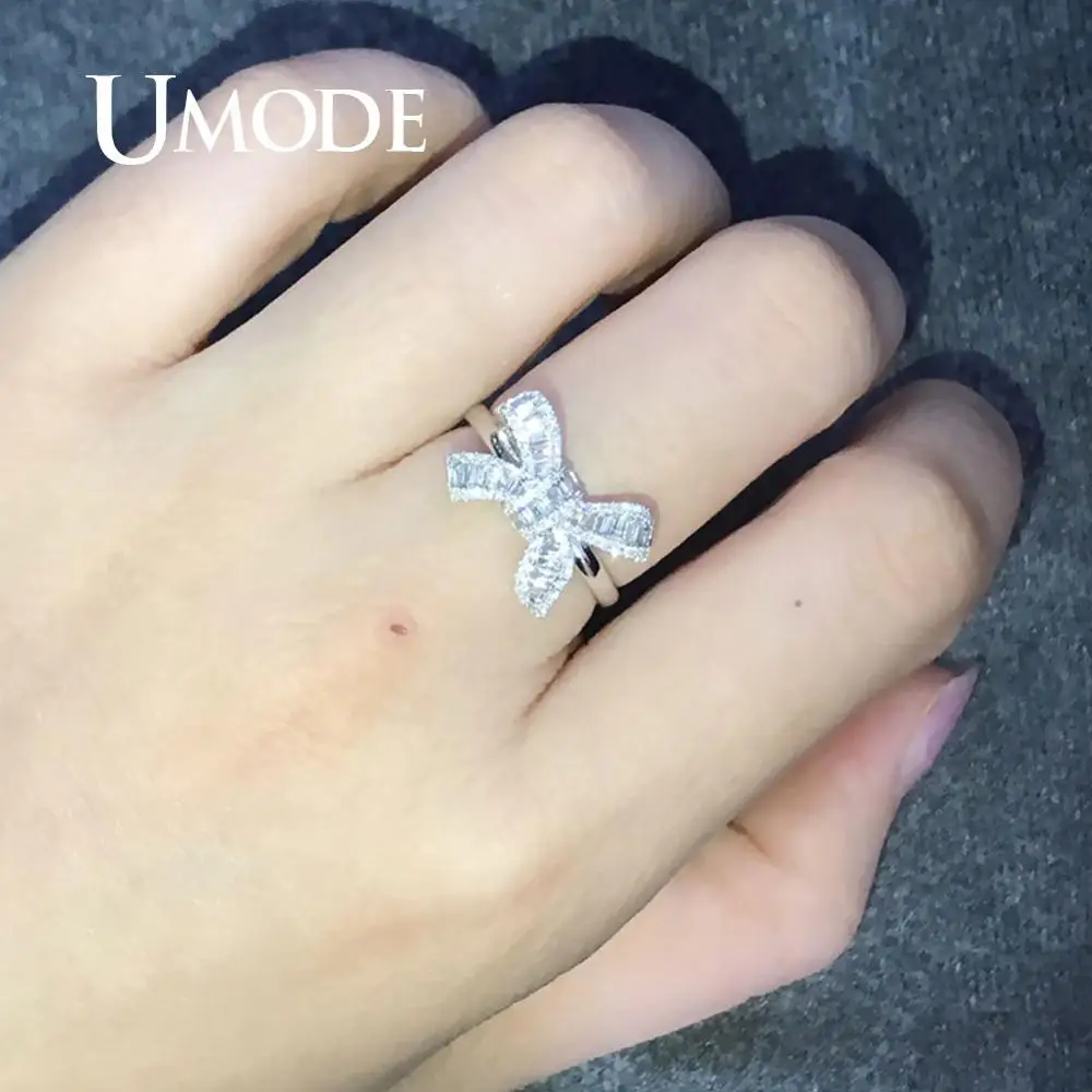 UMODE серебряное классическое кольцо для женщин и девочек, обручальные кольца, корейские ювелирные изделия, простое Кристальное циркониевое кольцо с бантом UR0522