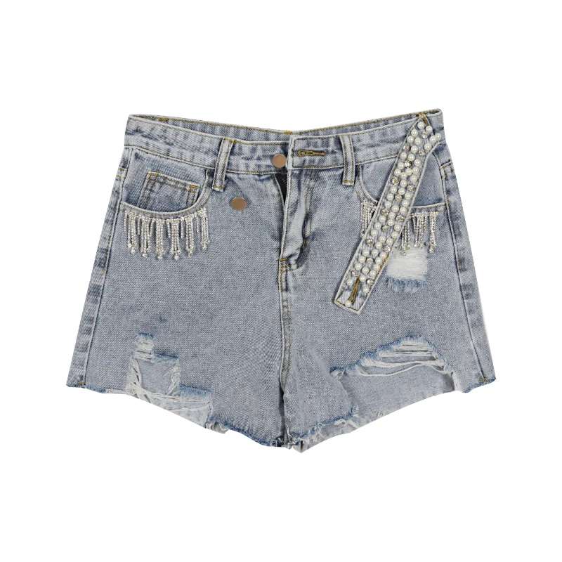 

Female Casual Summer Ladies Pearl Ripped Hole Shorts Women's Denim Shorts Classic Vintage High Waist Blue Wide Leg Short Jeans