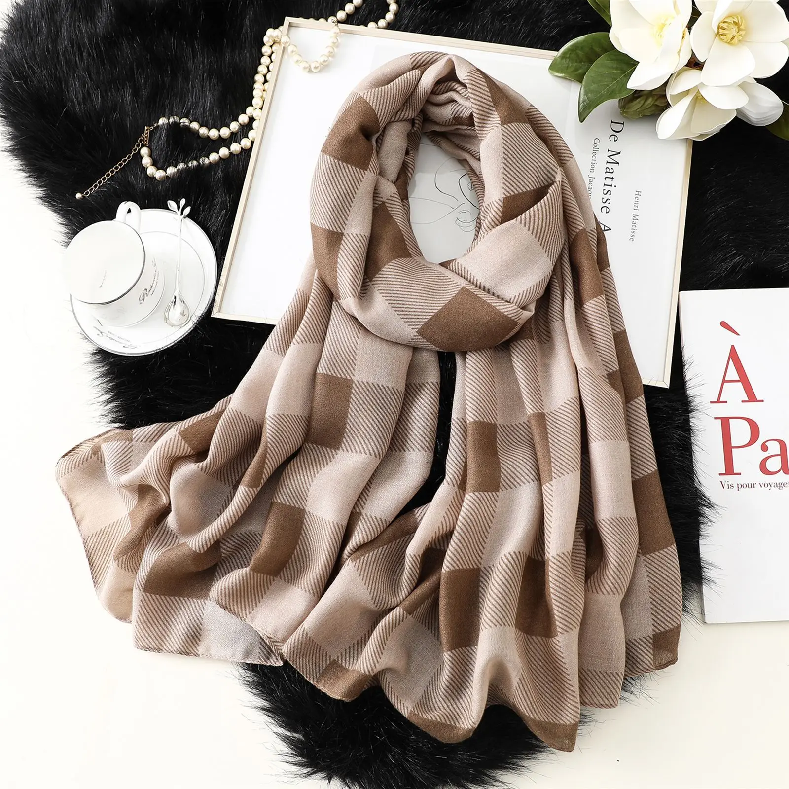

Women's Cotton Linen Feel Fabric Tartan Print Long Shawl Scarf Spring And Autumn New Silk Scarf Lady Sunshade Neck Scarf Gift