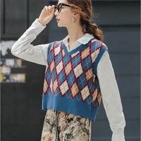 new women v neck preppy style sweater vests y2k top argyle sleeveless streetwear pullover for 2021 dropshipping