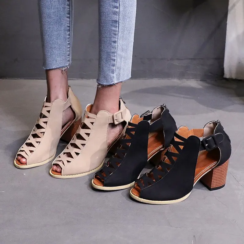 

Women Fashion Sandals Women Vintage Hollow Out Peep Toe Square Heel Sexy Sandals High Heels Shoes Zapatos Mujer