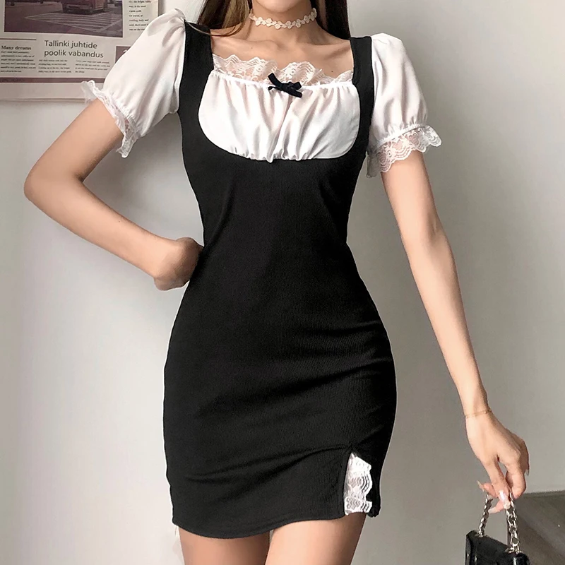 

Женское платье с пышными рукавами, черно-белое платье в готическом ретро-стиле с кружевными вставками, привлекательное мини-платье в Корейс...