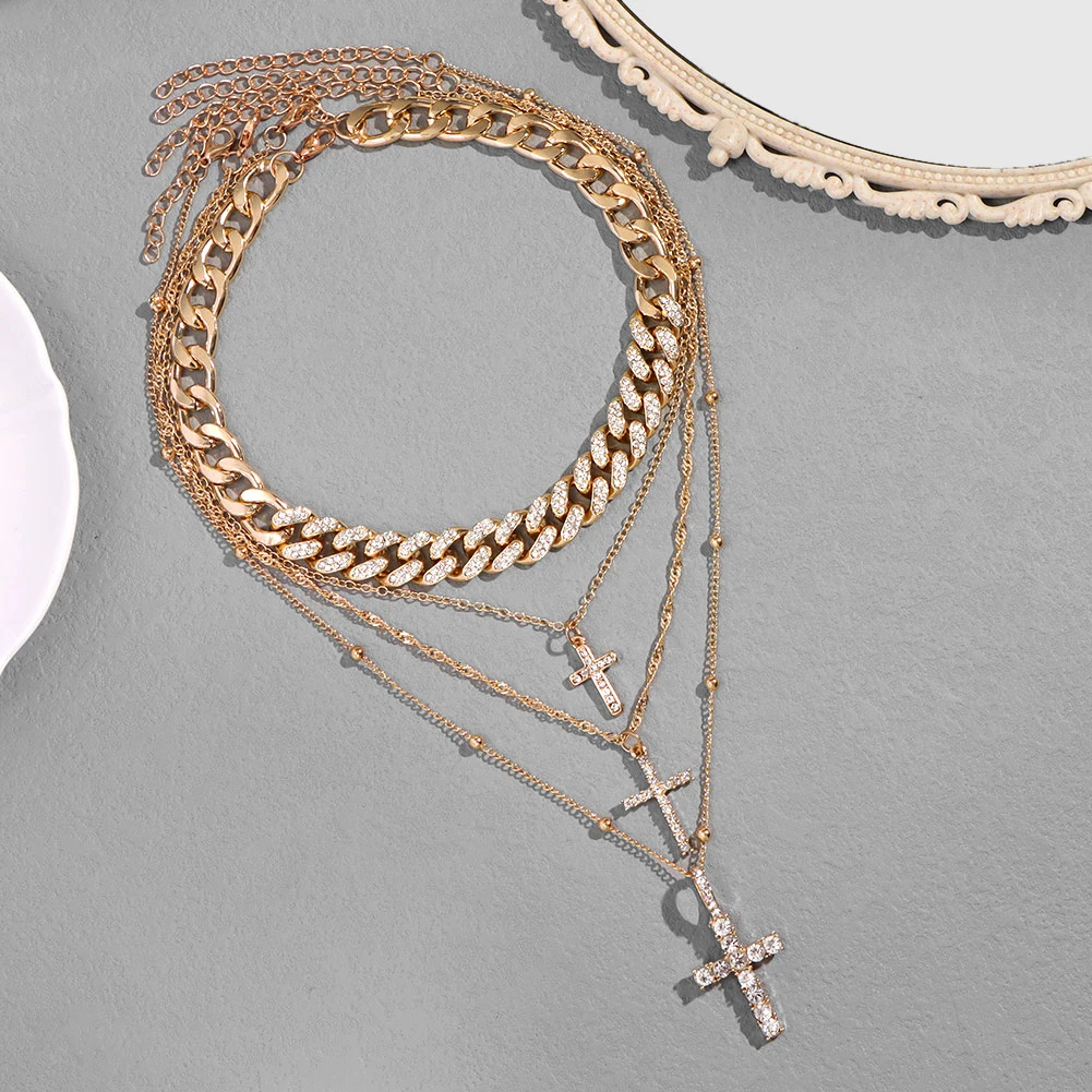 

Flatfoosie Punk Gothic Cross Crystal Cuban Chain Necklace for Women Multi-layer Gold Color Portrait Pendant Necklace Jewelry New