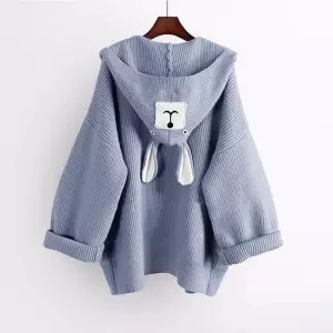 

Women Hooded Cardigan Sweater Cartoon Applique Loose Medium-long Knitwear Coat 2020 Autumn Winter Knit Open Stitch